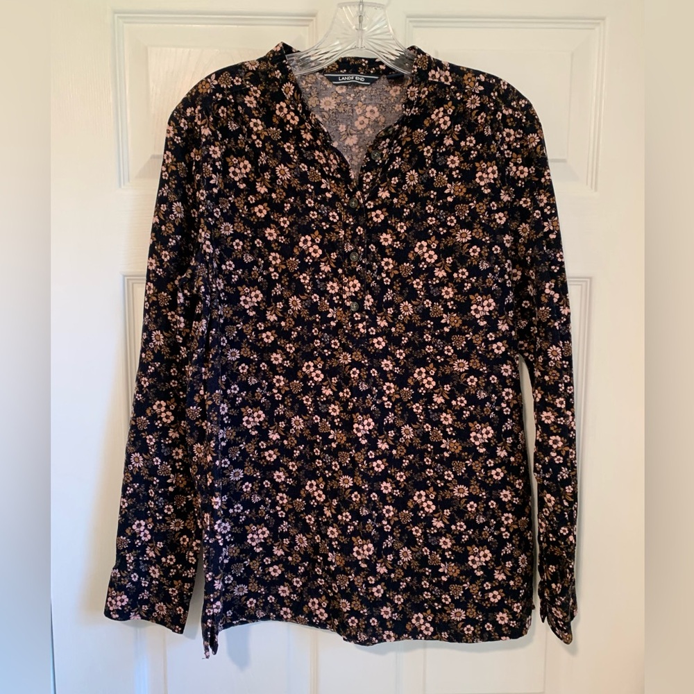 Lands' End Floral Print Pinwale Corduroy Blouse